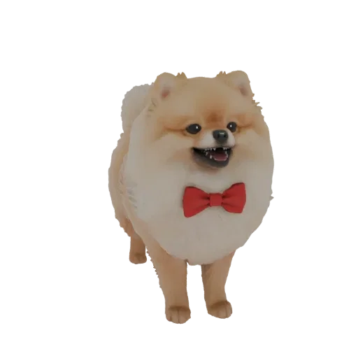 3D model of a fluffy Pomeranian dog wearing a red bowtie, looking forward with its mouth open.
