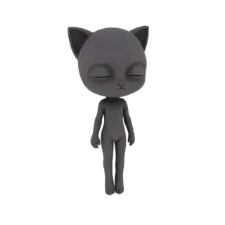 Ein 3D-Rendering einer grauen, stilisierten Katze mit geschlossenen Augen und einem mürrischen Ausdruck, stehend auf weißem H