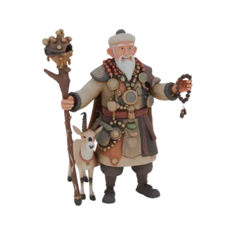 3D model of Kalmyk God Tsagan Aava, depicted as an elder with a staff and saiga, holding prayer beads.