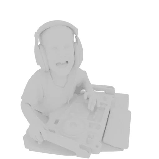Renderizado de modelo 3D de un niño con auriculares operando un tocadiscos de DJ, con expresión de emoción.