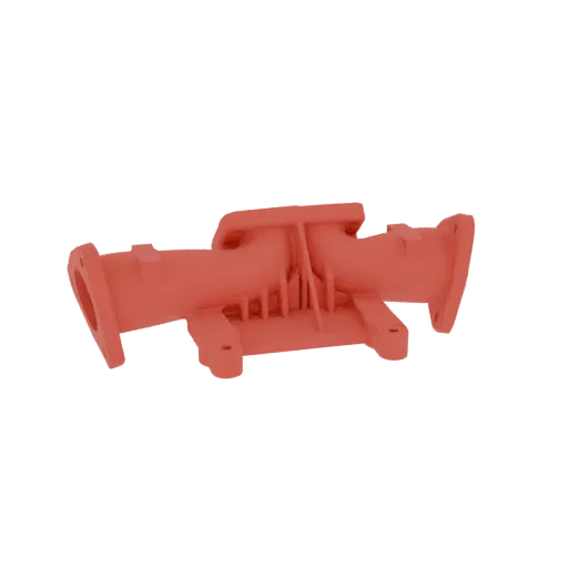 3D model of a red exhaust manifold with multiple pipe inlets and a single outlet, set against a black background.