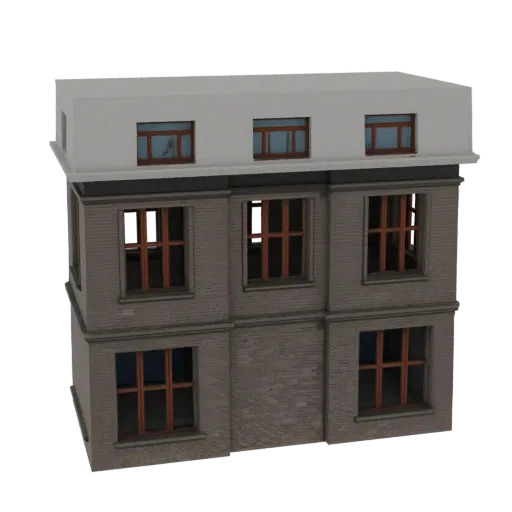 3D model of a modern brick apartment building with multiple windows and a white dormer roof.