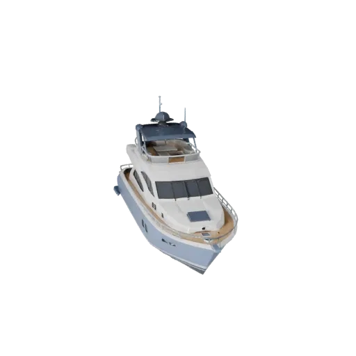 Low Poly Yacht 3D-Modell, Drei-Viertel-Spiel-Viewport, Low-Poly-Fahrzeug-Asset mit Rumpfform, Decklayout und wasserlinienbewu
