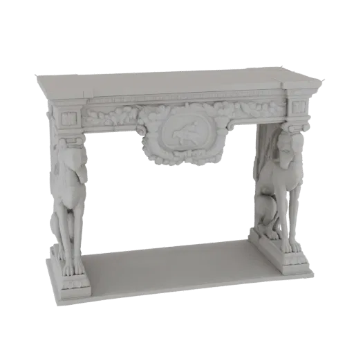 3D render of a white, ornate fireplace mantel with two detailed dog statues on either side and a central oval relief.