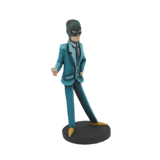 Modelo 3D de un agente enmascarado con traje azul verdoso sosteniendo una taza de café, de pie sobre una base circular negra.