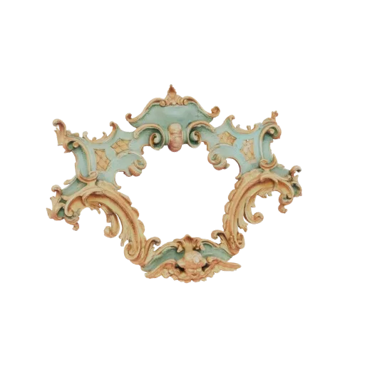 Modèle 3D d'un cadre Rococo orné avec volutes complexes et motif de chérubin, rendu dans des couleurs pastel bleu et crème.