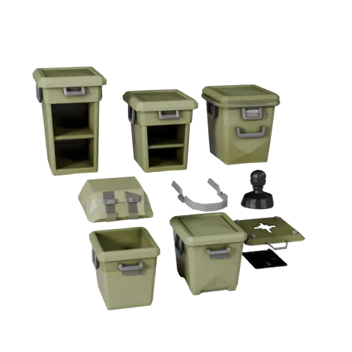 Military Style Storage Bin Low Poly 3D model, game viewport three-quarter view, showing plastic, usable openings.