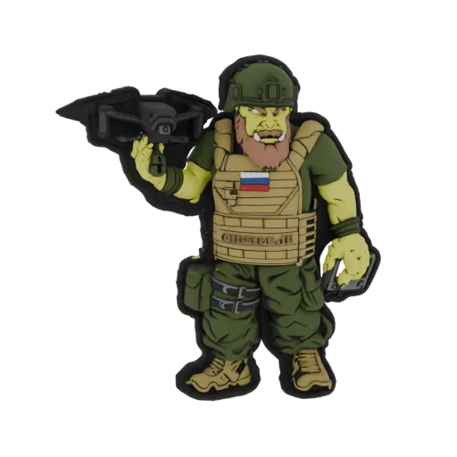 3D model of a cartoonish Orc soldier in green tactical gear holding a black drone, with a Russian flag on his vest.