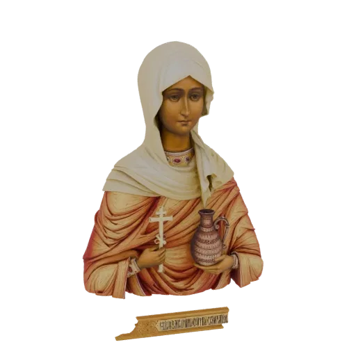 3D model of Saint Photinia, a female figure in traditional robes, holding a patterned jar and a cross, rendered in an iconogr