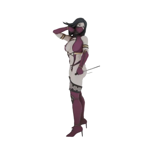 3D model of Mortal Kombat's Mileena in a dynamic pose, holding sai, wearing her iconic purple and white outfit.