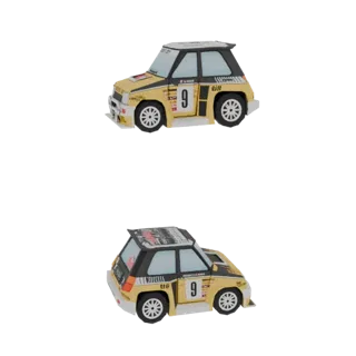 A 3D render of a yellow rally car with black racing stripes and sponsor decals, featuring the number 9.