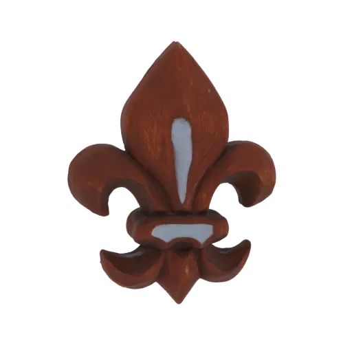 3D model of a brown fleur-de-lis emblem with white accents, viewed from the front.
