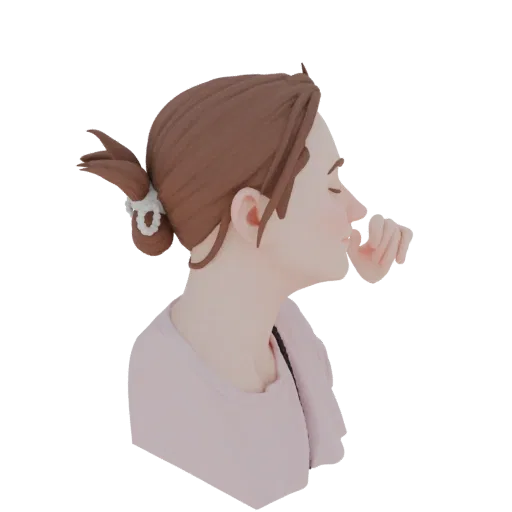 3D-Modell einer jungen Frau mit braunen Haaren im Pferdeschwanz, geschlossenen Augen, Hand nahe dem Mund, in einem rosa Hemd,