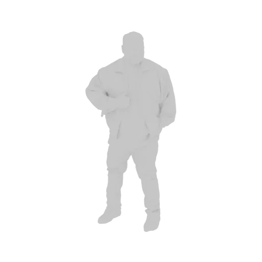 3D model of a man standing, wearing a gray puffer jacket and jeans, with hands in pockets.