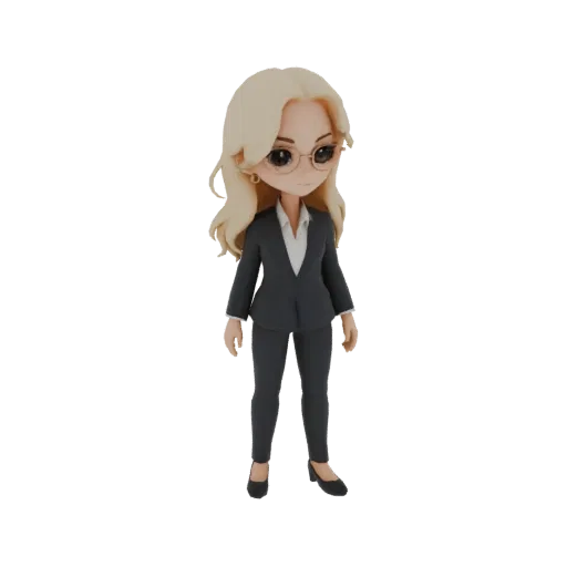 3D model of a chibi businesswoman wearing a dark suit and glasses, with blonde hair.