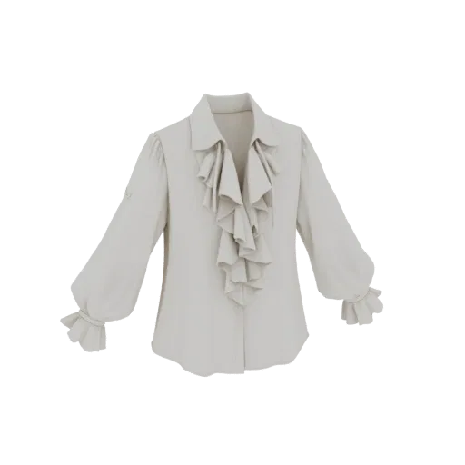 3D model of a white Victorian blouse with a prominent ruffled front and puffed sleeves, displayed against a black background.