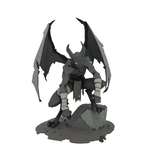 3D-Modell eines dunkelgrauen Gargoyles mit großen Flügeln, der auf einem grauen Felsen kauert, mit leuchtend gelben Augen.
