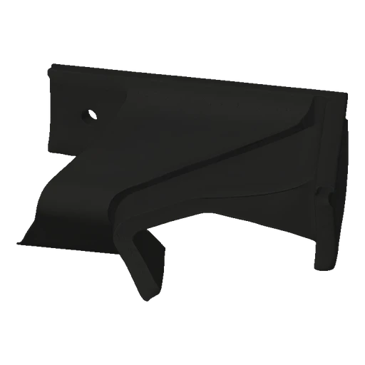 3D model of a dark gray L-shaped corner bracket with two visible mounting holes, presented against a black background.
