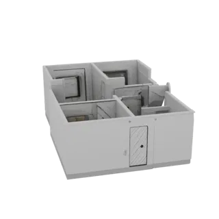 Modelo 3D de interior de apartamento estúdio estilo anime, mostrando zonas distintas para sala, área de dormir, cozinha e ban