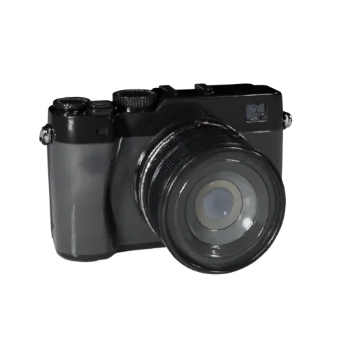 Action Video Camera 3D model, three-quarter front view, AR viewer studio render, showing textured grips, lens barrels.