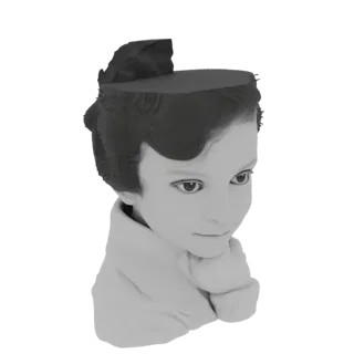 Render 3D del busto de un niño con expresión pensativa y cabello oscuro estilizado, presentado en escala de grises.