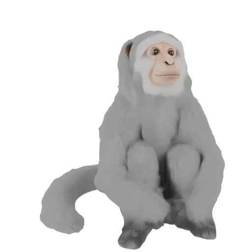 A 3D render of a sitting albino monkey with pale fur and light eyes, against a black background.