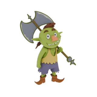 Modello 3D di un guerriero goblin verde cartoonesco con una grande ascia, sorridente e pronto all'azione.