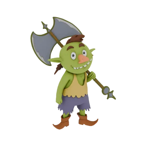 Modèle 3D d'un gobelin guerrier vert cartoon avec une grande hache, souriant et prêt à l'action.