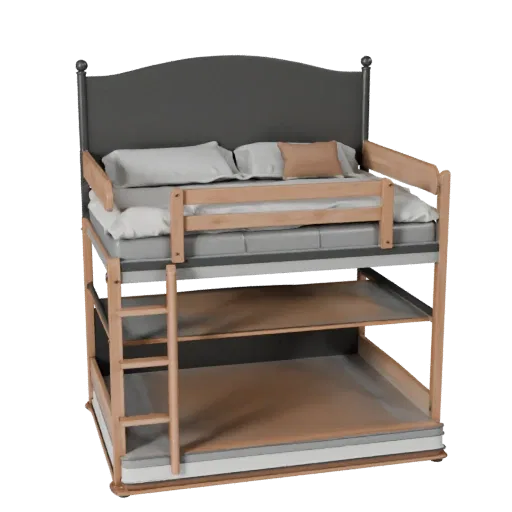 Platform Bunk Bed Product Viz 3D model, bedroom, three-quarter studio product render, fabric detail.