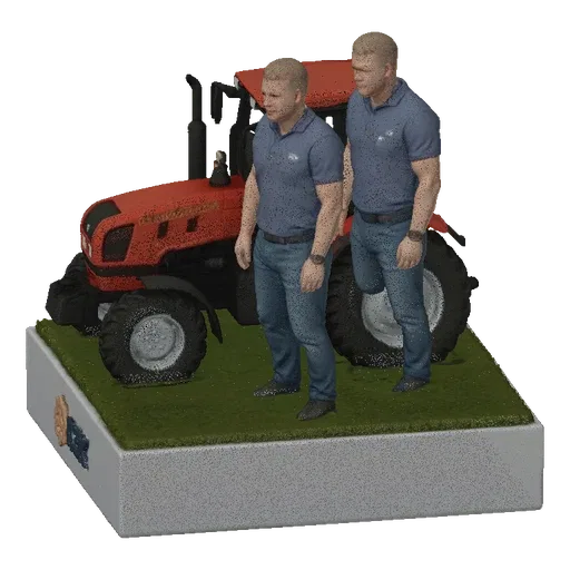 3D render of a red tractor diorama with two male figures and a 'ПЭК' logo on a white base.
