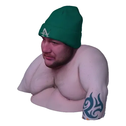 3D model of an overweight man wearing a green beanie and a tribal tattoo on his arm, shown from the chest up.