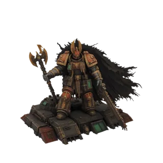 3D model of a Chaos Lord in ornate armor, wielding a golden axe and chainsword, mounted on a Juggernaut war machine.