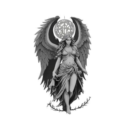 Modelo 3D de una diosa alada con túnicas fluidas y un halo ornamentado, representada en un render en escala de grises.