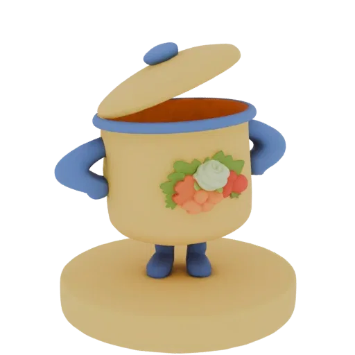 3D model of a yellow anthropomorphic cooking pot with blue arms and legs, a floral decal, and an open lid, standing on a yell