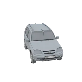 Modelo 3D de un SUV gris con barras de techo y matrícula, visto desde un ángulo frontal ligeramente elevado.
