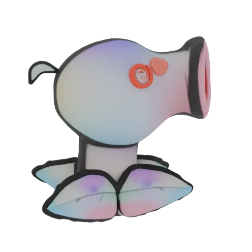 3D-Modell einer Peashooter-Pflanze mit Regenbogenverlauf, mit einem großen Kopf mit Mund, einem Stiel und blattähnlichen Stru
