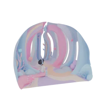 A 3D render of a whimsical rainbow tunnel environment with pastel colors and a small character at the entrance.