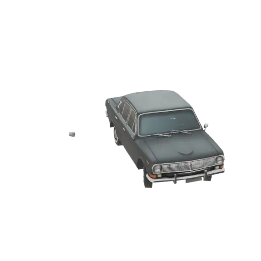 A 3D model of a dark grey vintage sedan with a chrome grille, viewed from a slightly elevated angle against a black backgroun