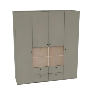 3D model of a modern modular wardrobe with open shelves and drawers, rendered in a neutral gray finish.