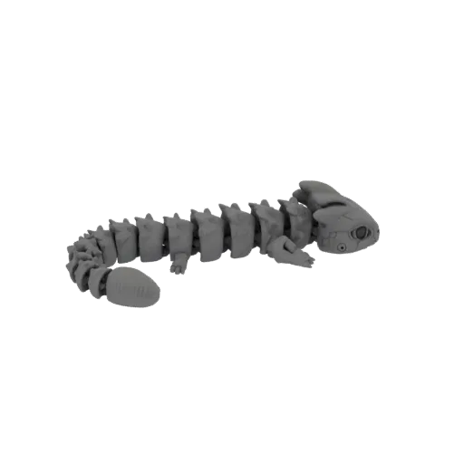 3D render of a mechanical eel skeleton with segmented vertebrae and a robotic head, set against a black background.
