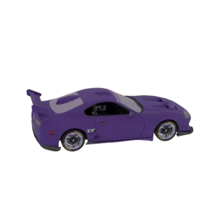 3D model of a vibrant purple tuner sports car with a large rear spoiler and custom wheels, viewed from a side angle.
