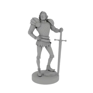 3D-Modell eines einäugigen Ritters in voller Rüstung, der mit einem neben ihm stehenden Schwert und einer Hand auf der Hüfte