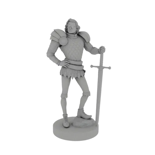 Modello 3D di un cavaliere con benda sull'occhio in armatura completa, in piedi con una spada piantata accanto a lui e una ma