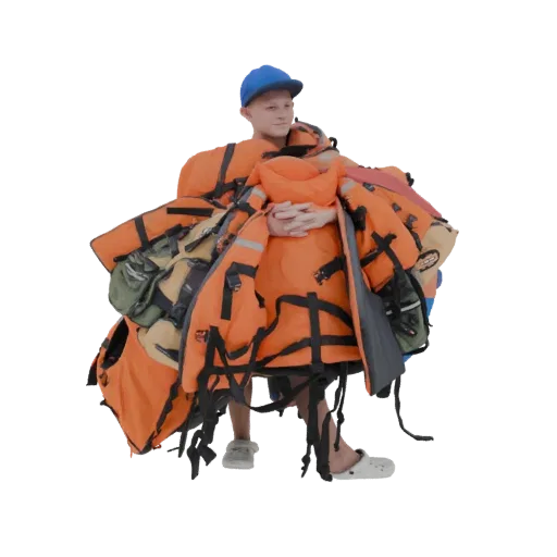 3D model of a young boy wearing a blue cap, completely covered in numerous orange life jackets, with his hands clasped in fro
