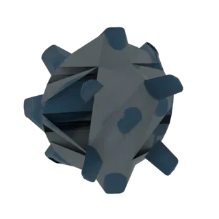 3D model of a geometric spiky orb with blue and gray facets and sharp protrusions, set against a black background.
