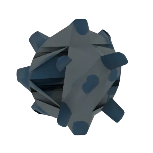 3D model of a geometric spiky orb with blue and gray facets and sharp protrusions, set against a black background.