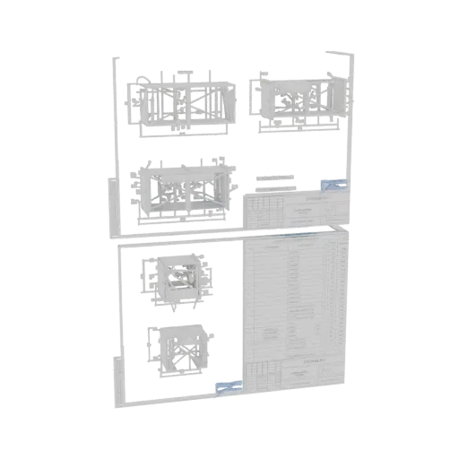 3D model of a technical blueprint with a model kit assembly, showing intricate details and components.