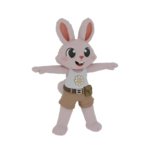 3D render of a cute pink bunny character wearing explorer shorts and a daisy-print tank top, with arms outstretched.