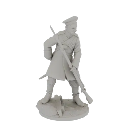 Modello 3D di un fante imperiale russo in uniforme, che tiene un fucile con baionetta, in piedi su una base texturizzata.