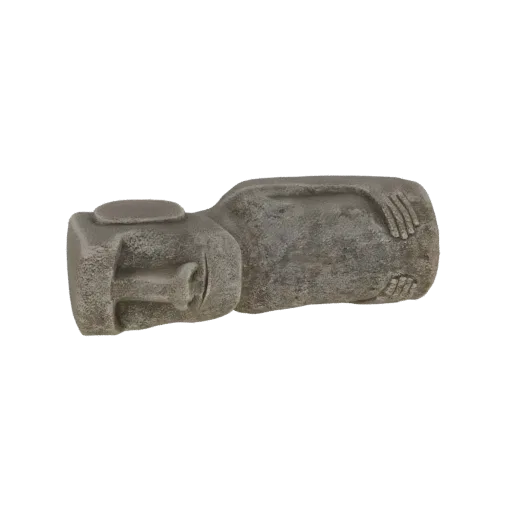 3D model of an ancient stone figure lying down, with carved facial features and hands resting on its body.